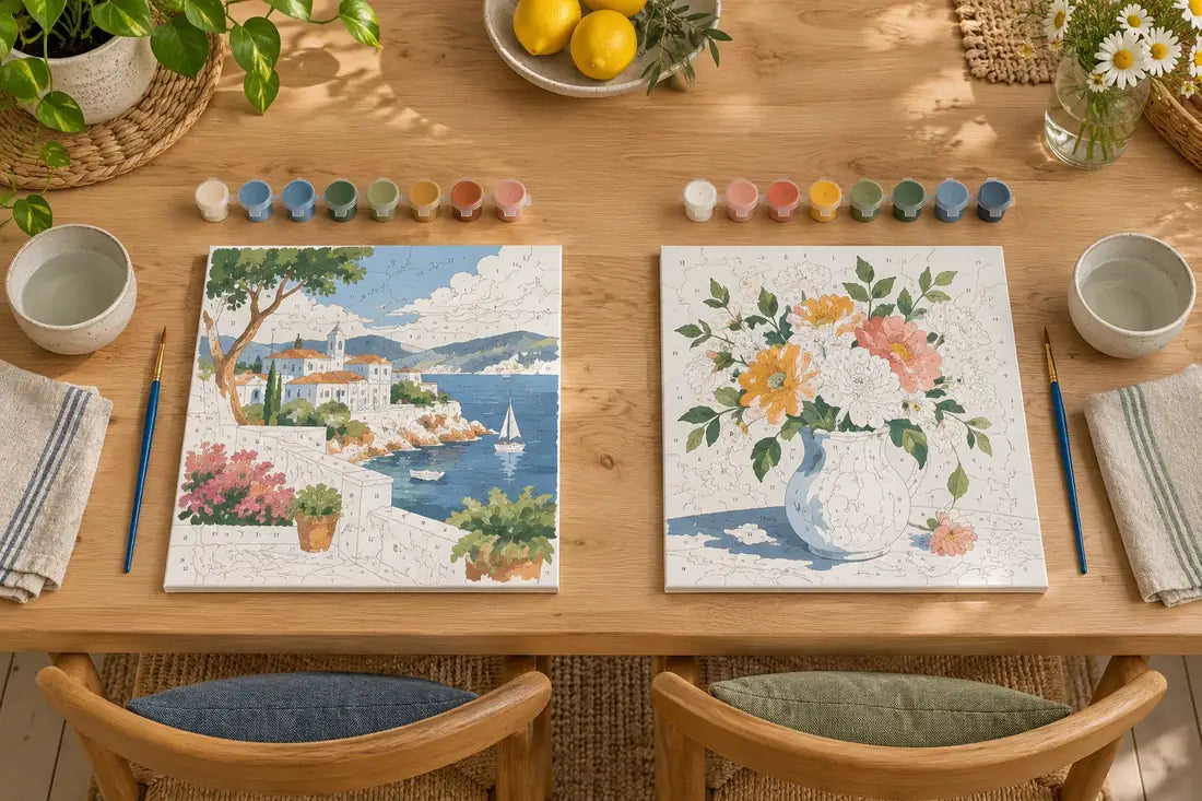 Two paint by numbers canvases arranged side by side for a shared painting session