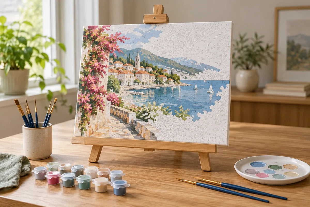 Illustrative paint by numbers canvas resting on a compact wooden tabletop easel with numbered paint pots nearby