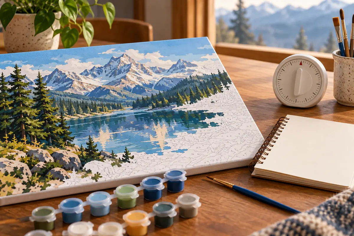 Partly painted landscape canvas with a timer and notebook for estimating project time
