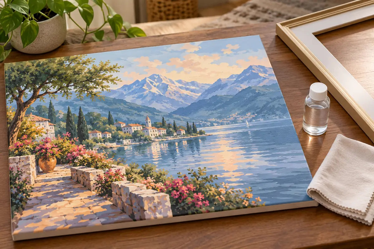 Completed paint by numbers landscape with an unopened varnish bottle set aside