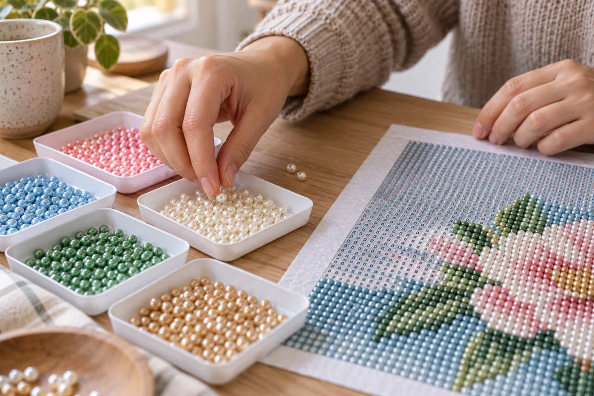 Illustrative pearl art workspace with glossy beads sorted beside a symbol-coded canvas
