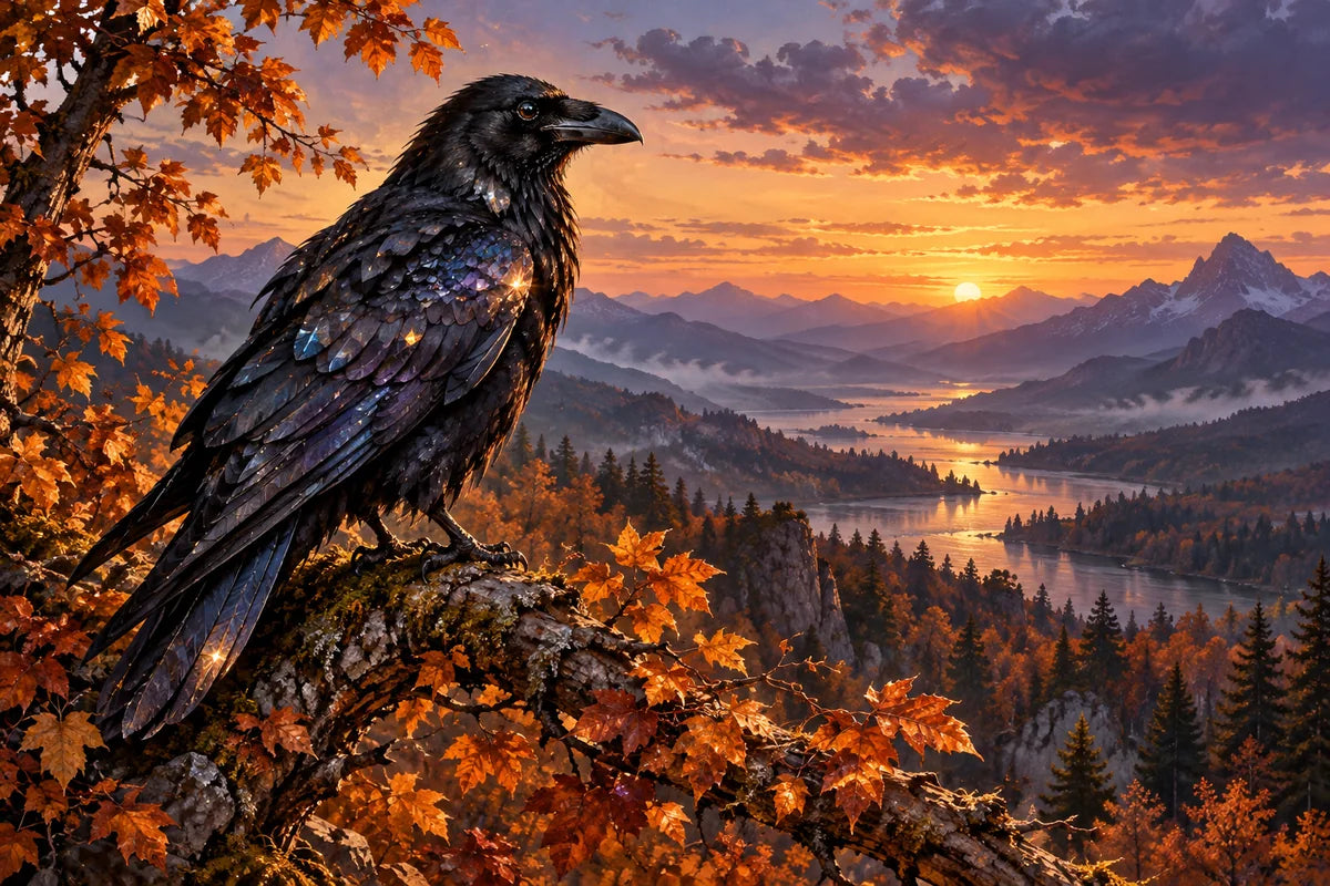 Editorial illustration of a black raven on an amber autumn branch above a mountain lake at dusk, for a guide to raven diamond painting styles.