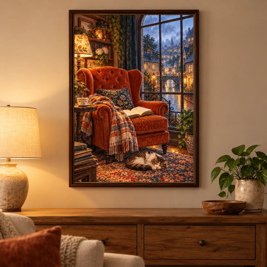 Framed diamond painting of a cat beside a rain-streaked window displayed in a home interior