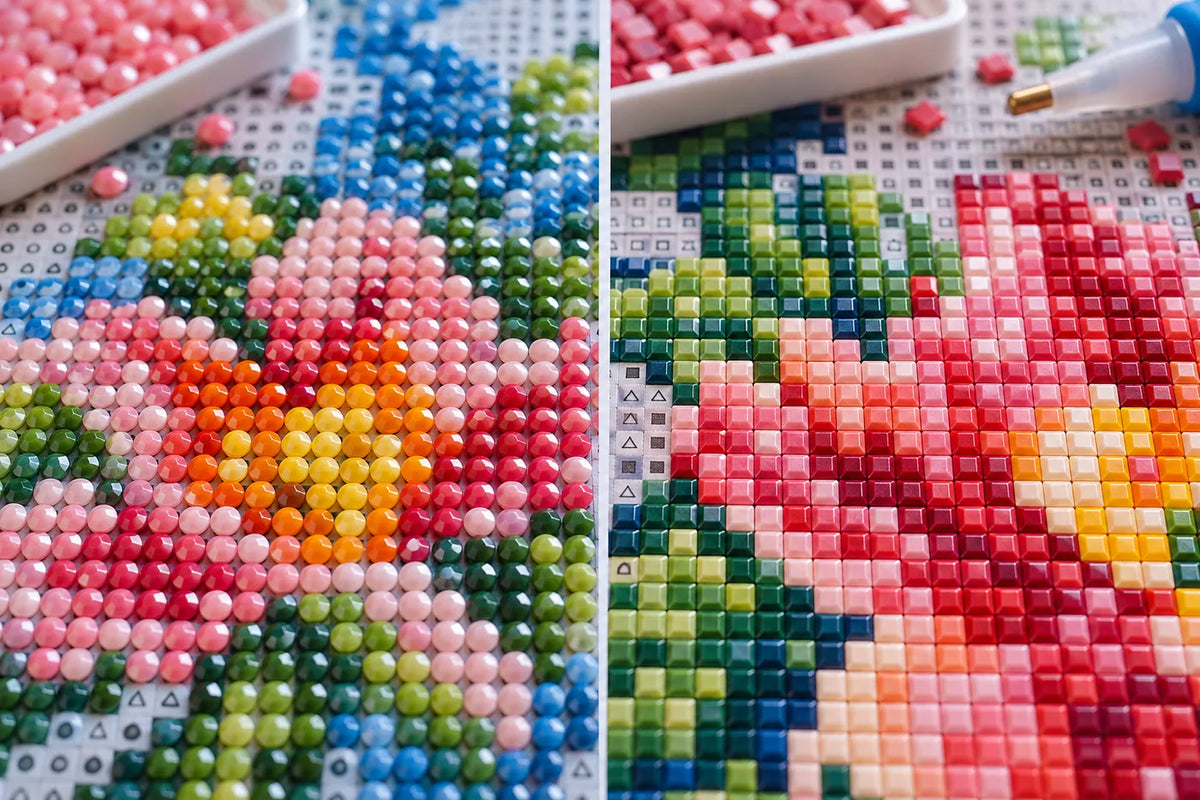 Editorial close-up illustration comparing round and square diamond painting drills