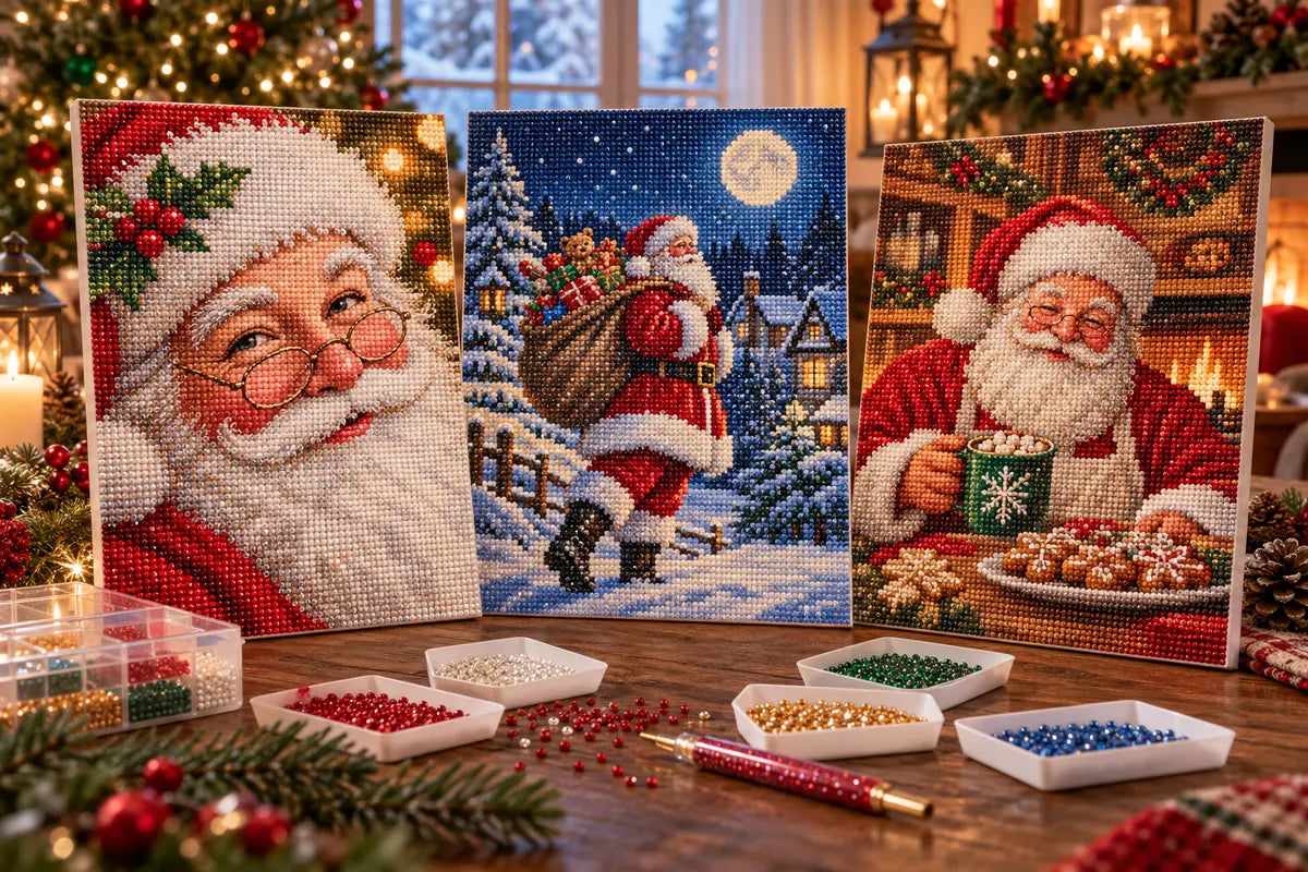 Editorial illustration of portrait, moonlit delivery, and cozy kitchen Santa diamond painting styles