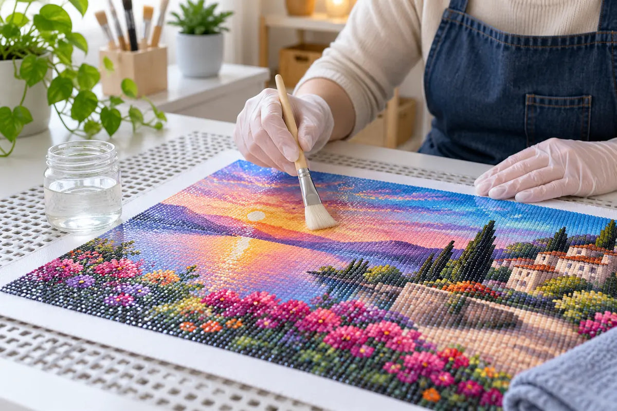 A finished diamond painting and clear sealant tools on a ventilated craft table