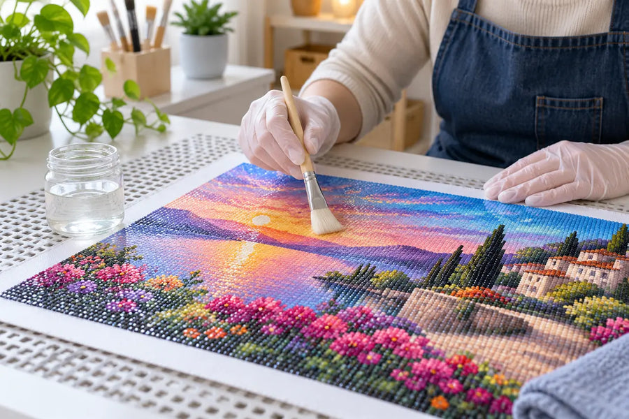 A finished diamond painting and clear sealant tools on a ventilated craft table