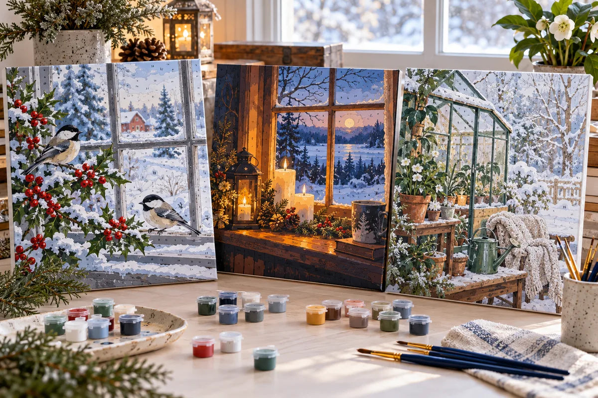Conceptual paint by numbers winter window scenes with birds, candlelight, and greenhouse plants