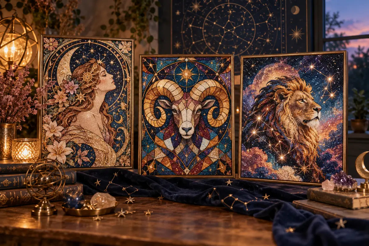 Zodiac-inspired celestial artwork displayed in Art Nouveau, stained-glass ram, and lion constellation styles