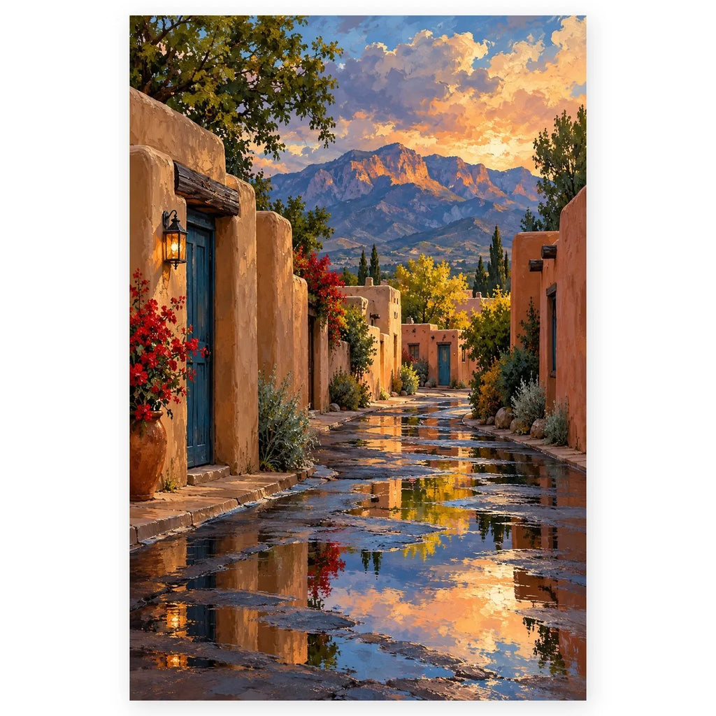 `01-albuquerque-adobe-street-hero.webp` — Complete portrait paint by numbers artwork of an adobe street with a turquoise door, flowering plants, reflective pavement, and sunset mountains, centered on white with a soft shadow.