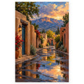 `01-albuquerque-adobe-street-hero.webp` — Complete portrait paint by numbers artwork of an adobe street with a turquoise door, flowering plants, reflective pavement, and sunset mountains, centered on white with a soft shadow.
