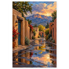 `01-albuquerque-adobe-street-hero.webp` — Complete portrait paint by numbers artwork of an adobe street with a turquoise door, flowering plants, reflective pavement, and sunset mountains, centered on white with a soft shadow.