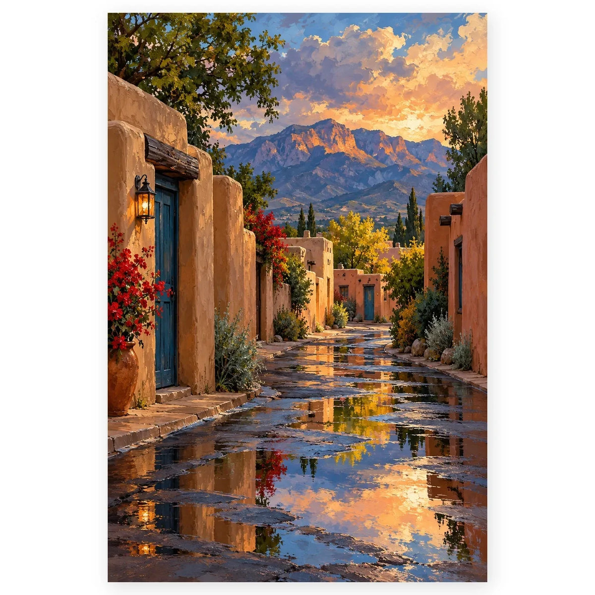 `01-albuquerque-adobe-street-hero.webp` — Complete portrait paint by numbers artwork of an adobe street with a turquoise door, flowering plants, reflective pavement, and sunset mountains, centered on white with a soft shadow.