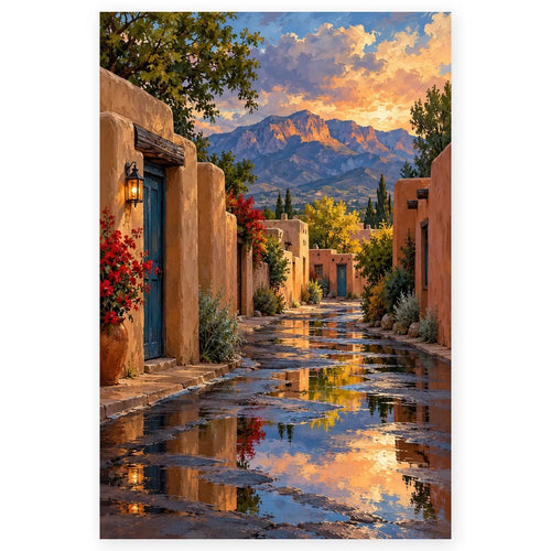 `01-albuquerque-adobe-street-hero.webp` — Complete portrait paint by numbers artwork of an adobe street with a turquoise door, flowering plants, reflective pavement, and sunset mountains, centered on white with a soft shadow.