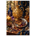 A golden sun-faced alchemical vessel, crescent moon dish, potion bottles, candles, and crystals form a mystical still life. Full original portrait artwork on a clean white background with a subtle soft shadow and original proportions preserved.