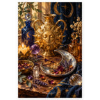 A golden sun-faced alchemical vessel, crescent moon dish, potion bottles, candles, and crystals form a mystical still life. Full original portrait artwork on a clean white background with a subtle soft shadow and original proportions preserved.