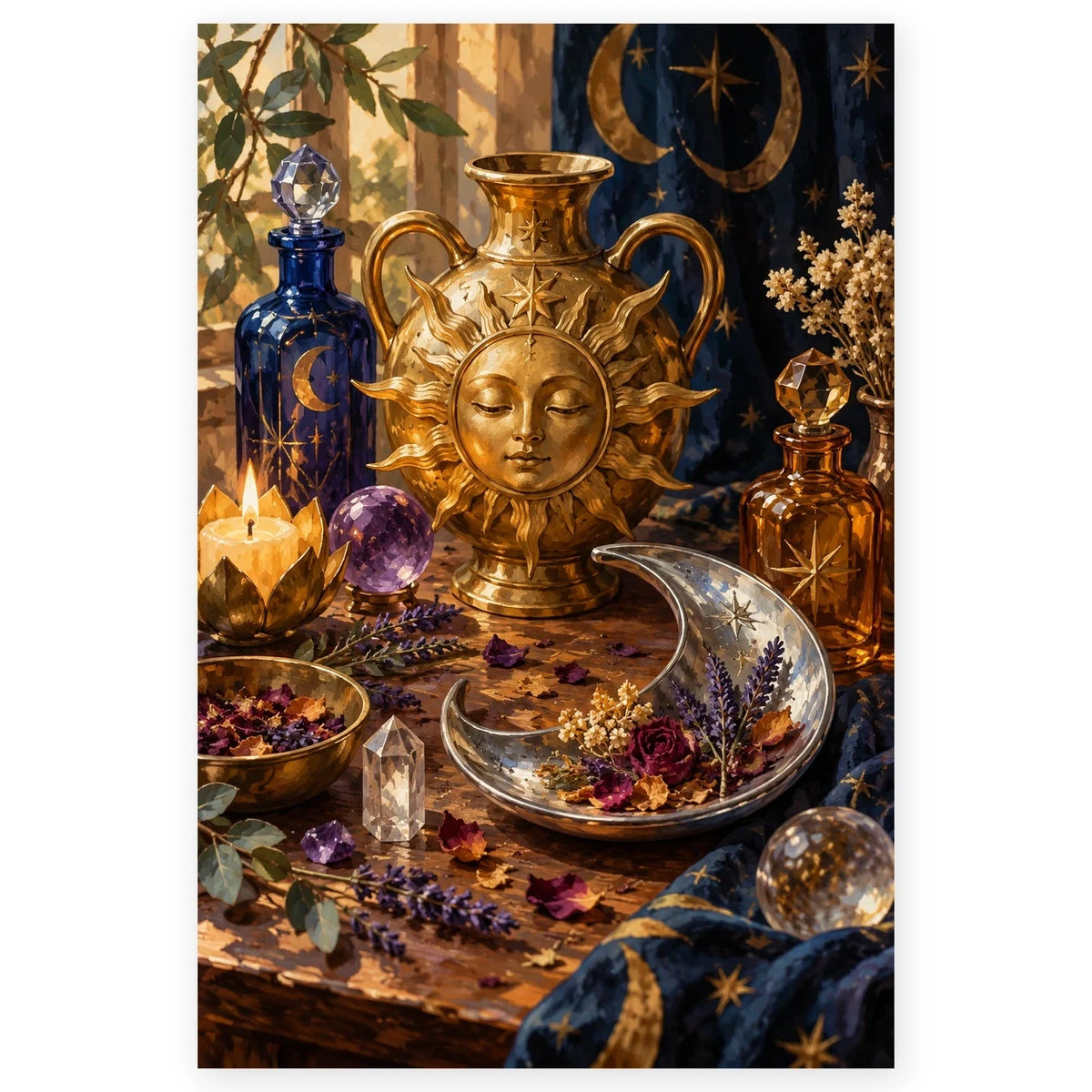 A golden sun-faced alchemical vessel, crescent moon dish, potion bottles, candles, and crystals form a mystical still life. Full original portrait artwork on a clean white background with a subtle soft shadow and original proportions preserved.