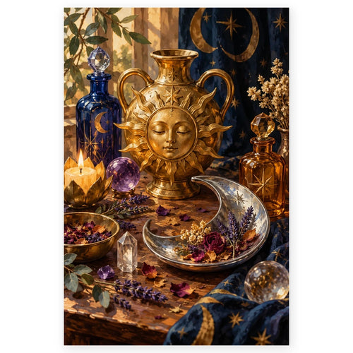 A golden sun-faced alchemical vessel, crescent moon dish, potion bottles, candles, and crystals form a mystical still life. Full original portrait artwork on a clean white background with a subtle soft shadow and original proportions preserved.