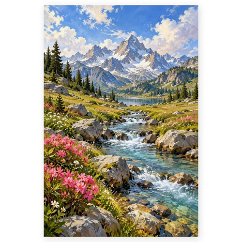 Alpine Meadow Stream Stones paint by numbers artwork on a front-facing canvas against a white background