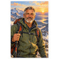 A gray-haired male mountaineer in an olive jacket and orange backpack stands before snowy peaks at sunrise. Full original portrait artwork on a clean white background with a subtle soft shadow and original proportions preserved.