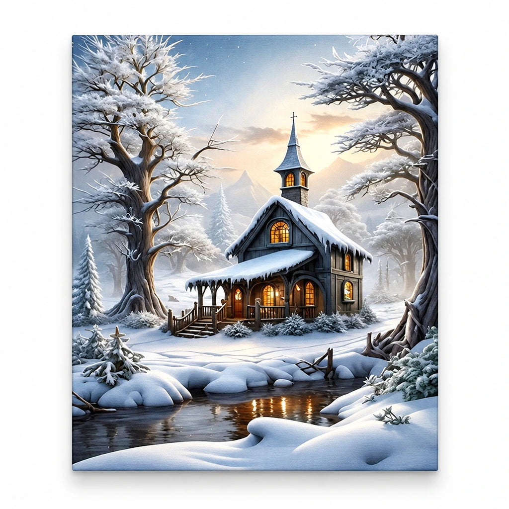 Amber Windows in Winter paint by numbers artwork on a front-facing canvas against a white background