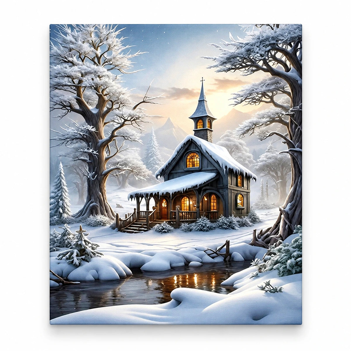 Amber Windows in Winter paint by numbers artwork on a front-facing canvas against a white background
