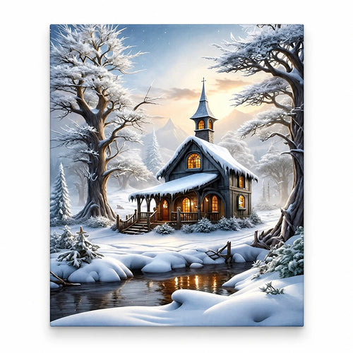Amber Windows in Winter paint by numbers artwork on a front-facing canvas against a white background