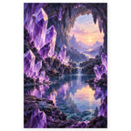 Lavender amethyst crystals line a cave opening onto a pastel sunset, mountain range, and waterfall reflected in a blue lake. Full original portrait artwork on a clean white background with a subtle soft shadow and original proportions preserved.