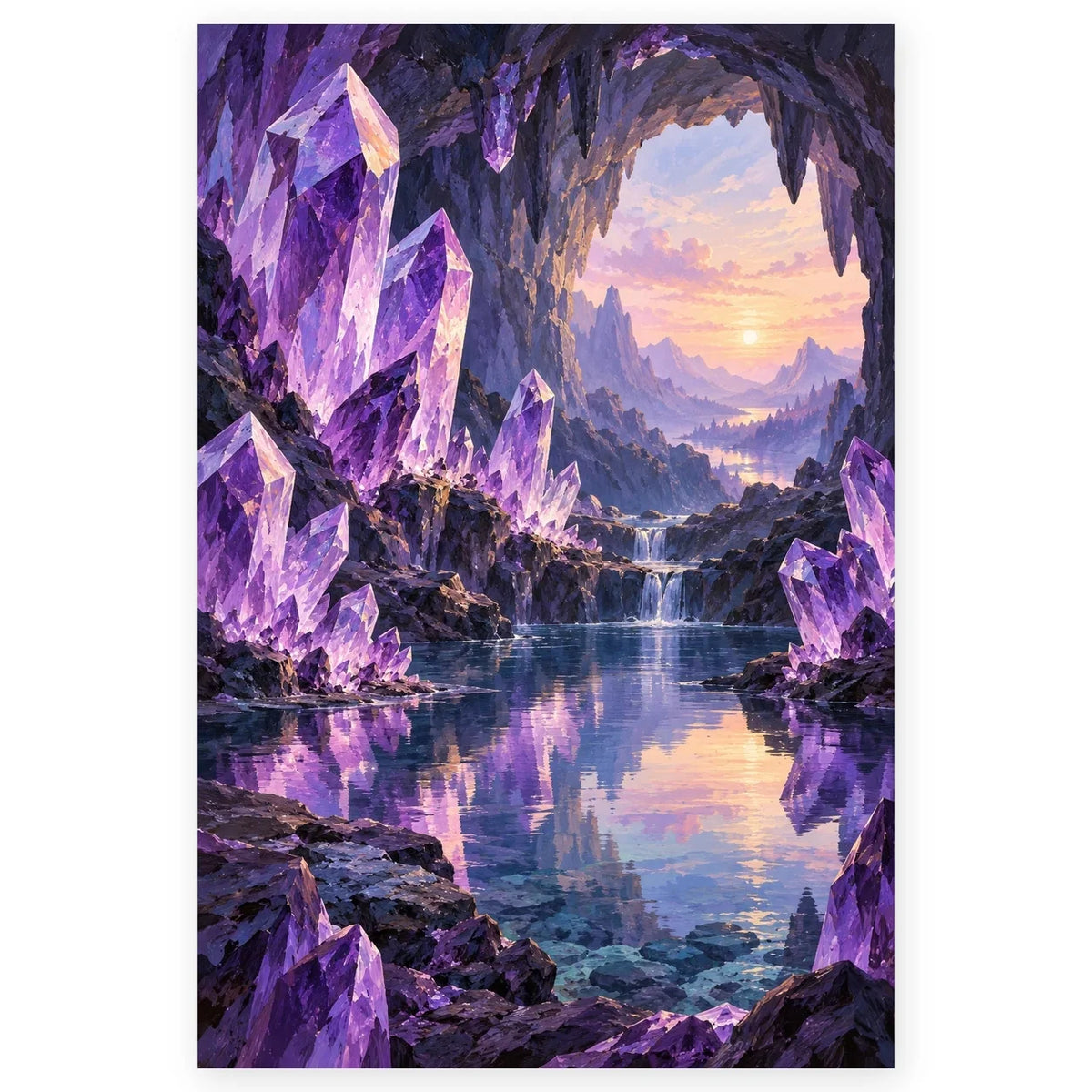 Lavender amethyst crystals line a cave opening onto a pastel sunset, mountain range, and waterfall reflected in a blue lake. Full original portrait artwork on a clean white background with a subtle soft shadow and original proportions preserved.