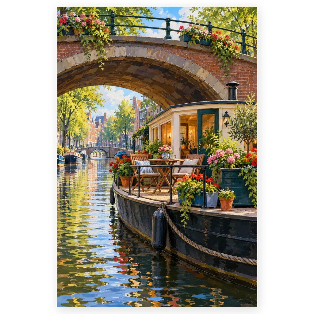 `01-amsterdam-houseboat-flower-deck-hero.webp` — Full Amsterdam Houseboat Flower Deck paint by numbers artwork centered on pure white in a 1:1 square, with original proportions preserved and a subtle soft shadow.