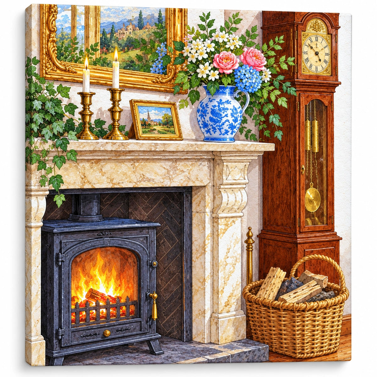 Antique Fireplace Clock with Pink Roses and Blue Vase artwork on a front-facing frameless canvas against a white background.