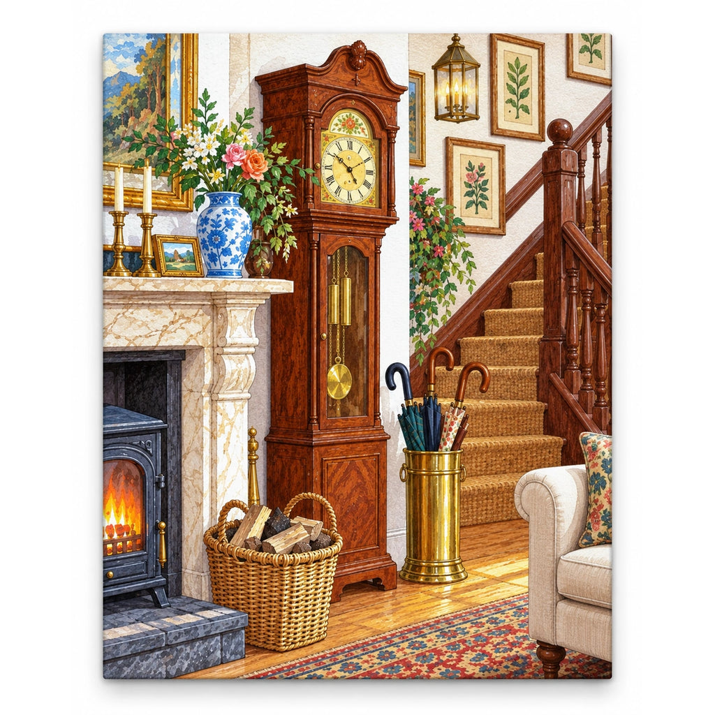 Antique Grandfather Clock and Staircase artwork on a front-facing frameless canvas against a white background.
