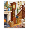 Antique Grandfather Clock and Staircase artwork on a front-facing frameless canvas against a white background.