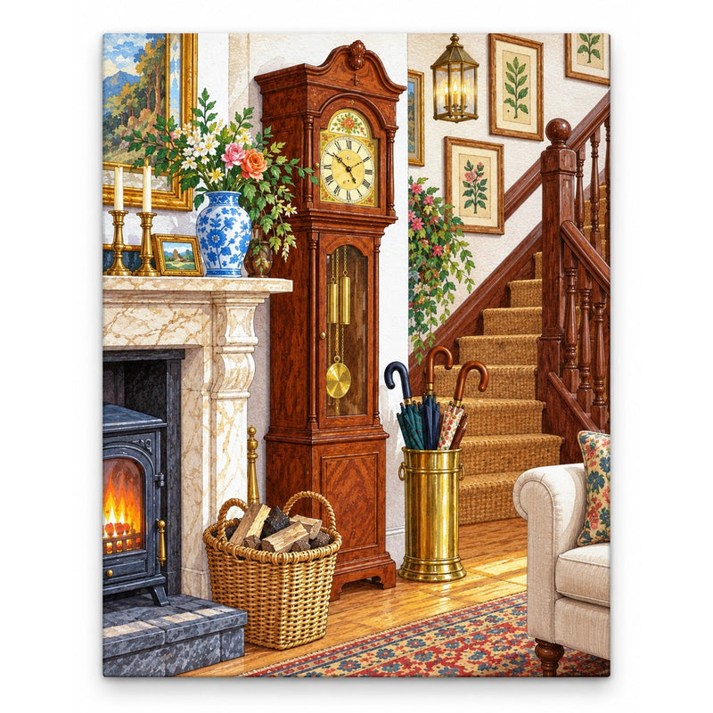 Antique Grandfather Clock and Staircase artwork on a front-facing frameless canvas against a white background.