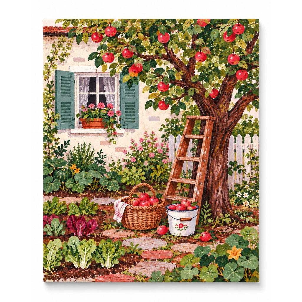 Apple Tree Cottage Garden artwork on a front-facing frameless canvas against a white background.