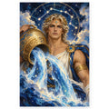 A blond Aquarius water bearer pouring a luminous, star-filled stream from an ornate golden urn. Full original portrait artwork on a clean white background with a subtle soft shadow and original proportions preserved.
