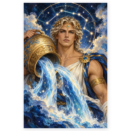 A blond Aquarius water bearer pouring a luminous, star-filled stream from an ornate golden urn. Full original portrait artwork on a clean white background with a subtle soft shadow and original proportions preserved.