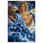 An Aquarius man pouring luminous star-filled water from a vessel into a flowing celestial stream beneath a deep blue sky. Full original portrait artwork on a clean white background with a subtle soft shadow and proportions preserved.