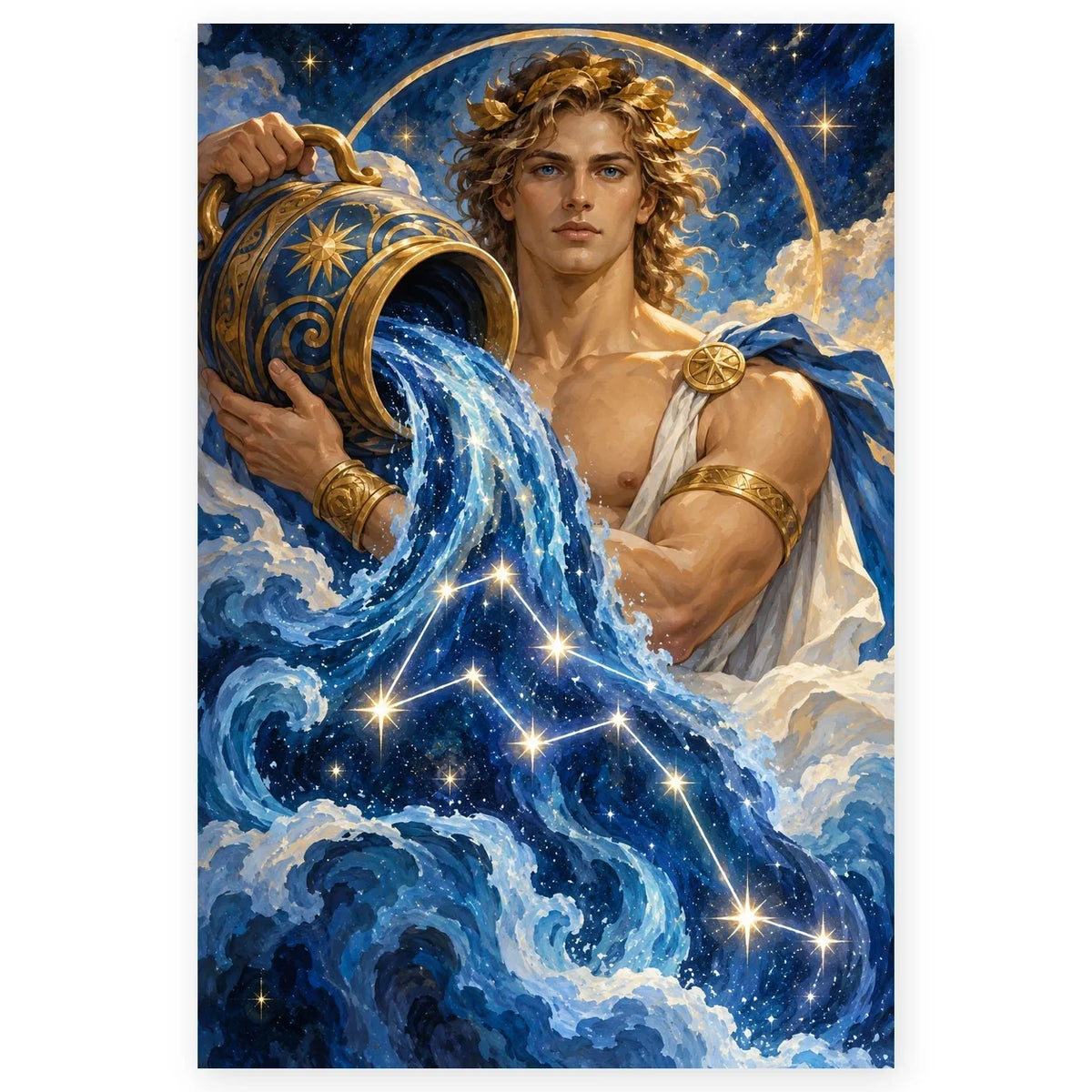 An Aquarius man pouring luminous star-filled water from a vessel into a flowing celestial stream beneath a deep blue sky. Full original portrait artwork on a clean white background with a subtle soft shadow and proportions preserved.