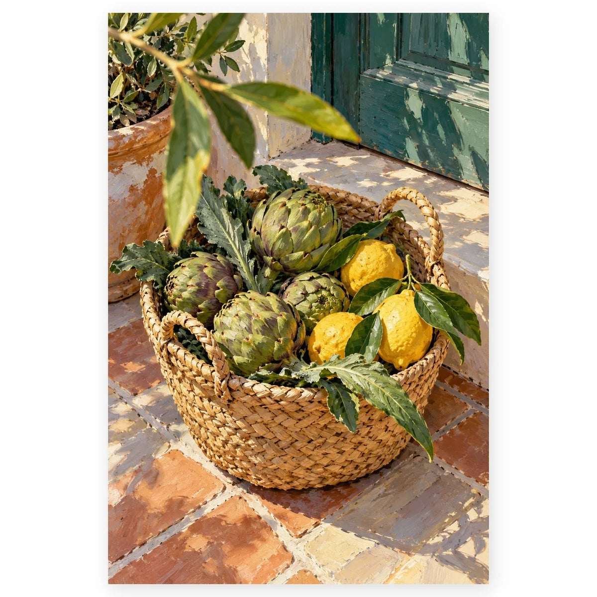 `01-artichokes-lemons-market-basket-hero.webp` — Full Artichokes Lemons Market Basket paint by numbers artwork on a clean white square, complete design shown at its original proportions with a subtle soft shadow.