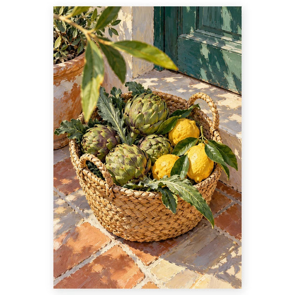 `01-artichokes-lemons-market-basket-hero.webp` — Full Artichokes Lemons Market Basket paint by numbers artwork on a clean white square, complete design shown at its original proportions with a subtle soft shadow.