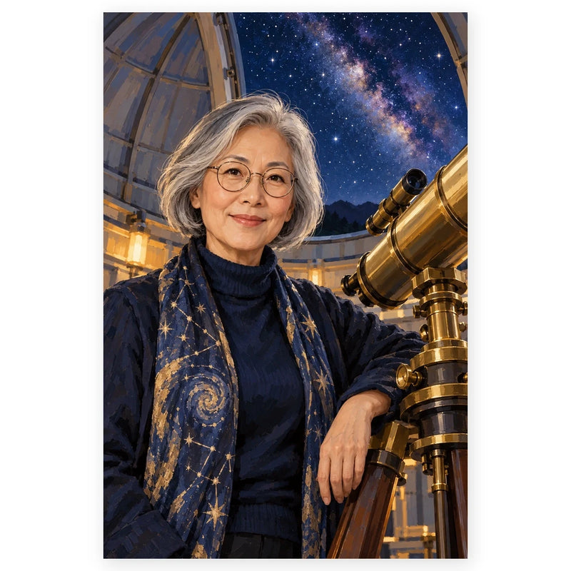 A silver-haired woman astronomer stands beside a brass telescope inside an observatory beneath the Milky Way. Full original portrait artwork on a clean white background with a subtle soft shadow and original proportions preserved.