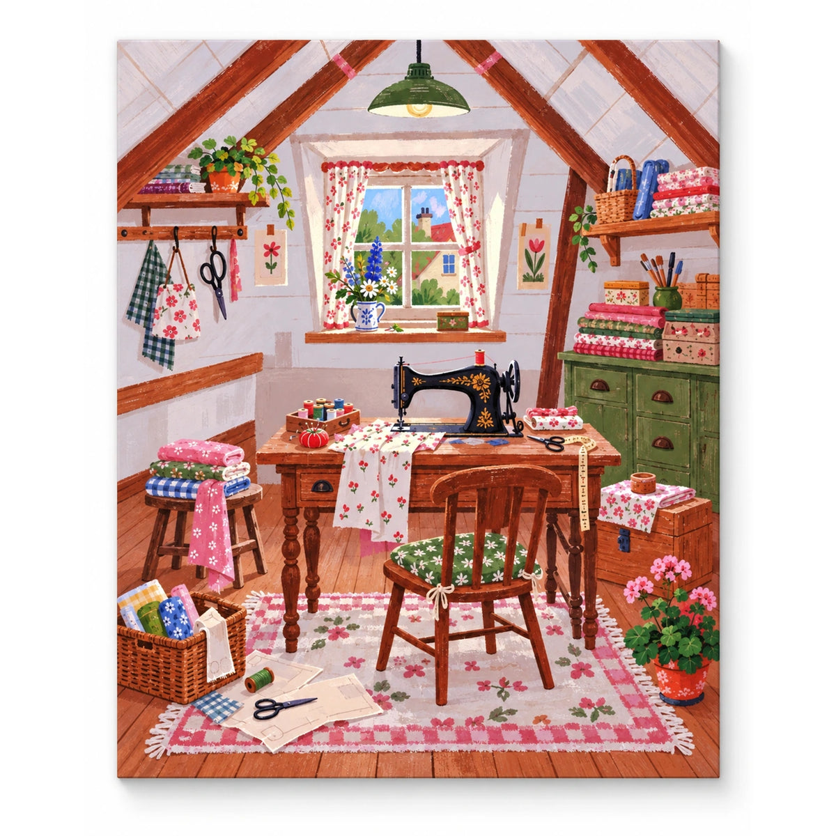 Attic Vintage Sewing Room artwork on a front-facing frameless canvas against a white background.