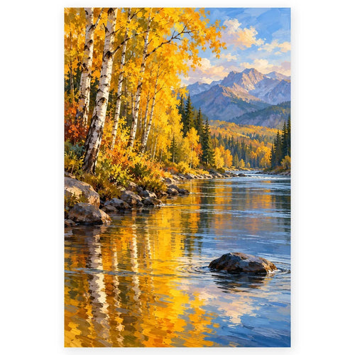 Autumn Birch River paint by numbers artwork on a front-facing canvas against a white background