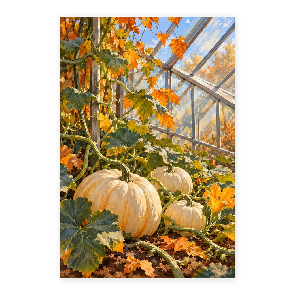 Autumn greenhouse and pale pumpkins paint by numbers canvas shown in full on a white background.