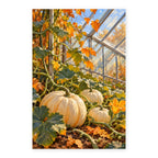 Autumn greenhouse and pale pumpkins paint by numbers canvas shown in full on a white background.