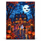 Autumn Night at the Haunted Manor paint by numbers artwork on a front-facing canvas against a white background
