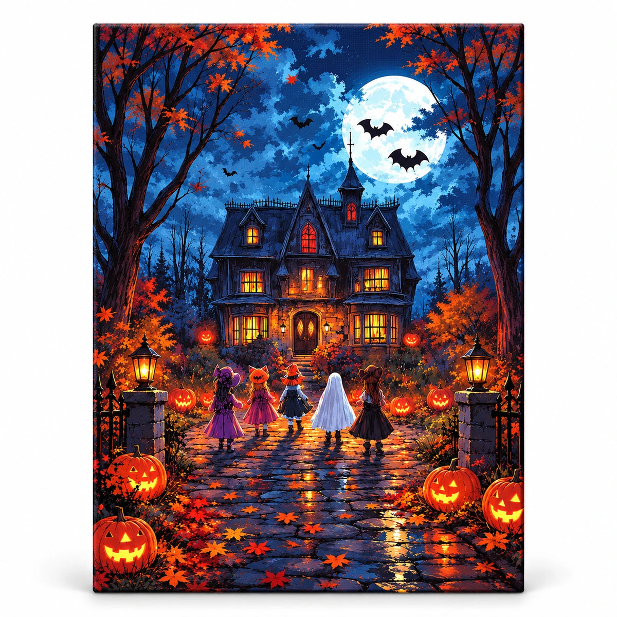 Autumn Night at the Haunted Manor paint by numbers artwork on a front-facing canvas against a white background