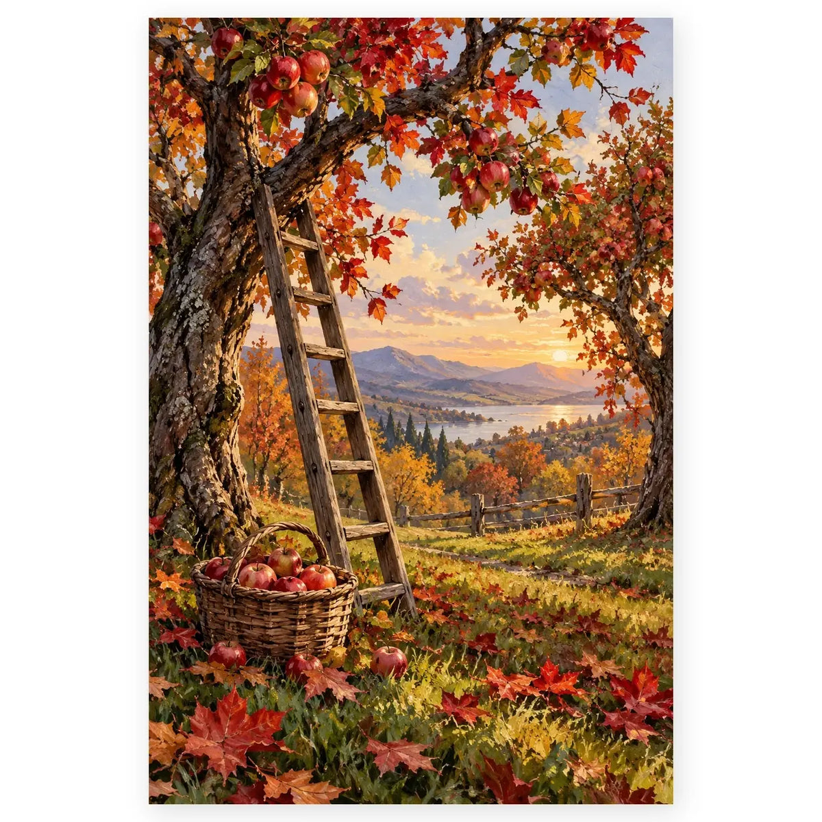 Autumn Orchard Ladder Apples Paint by Numbers Kit artwork on a front-facing canvas against a white background.