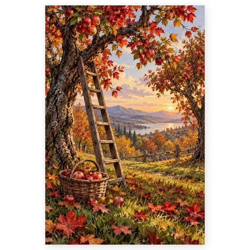Autumn Orchard Ladder Apples Paint by Numbers Kit artwork on a front-facing canvas against a white background.